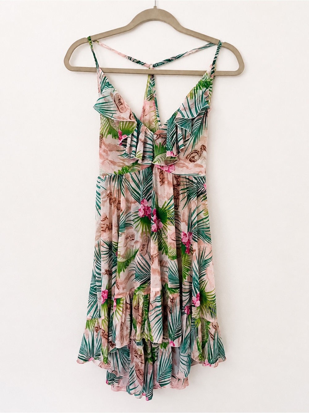 Betsey Johnson Pink Tropical High-Low Sundress with Green Leaf Print
